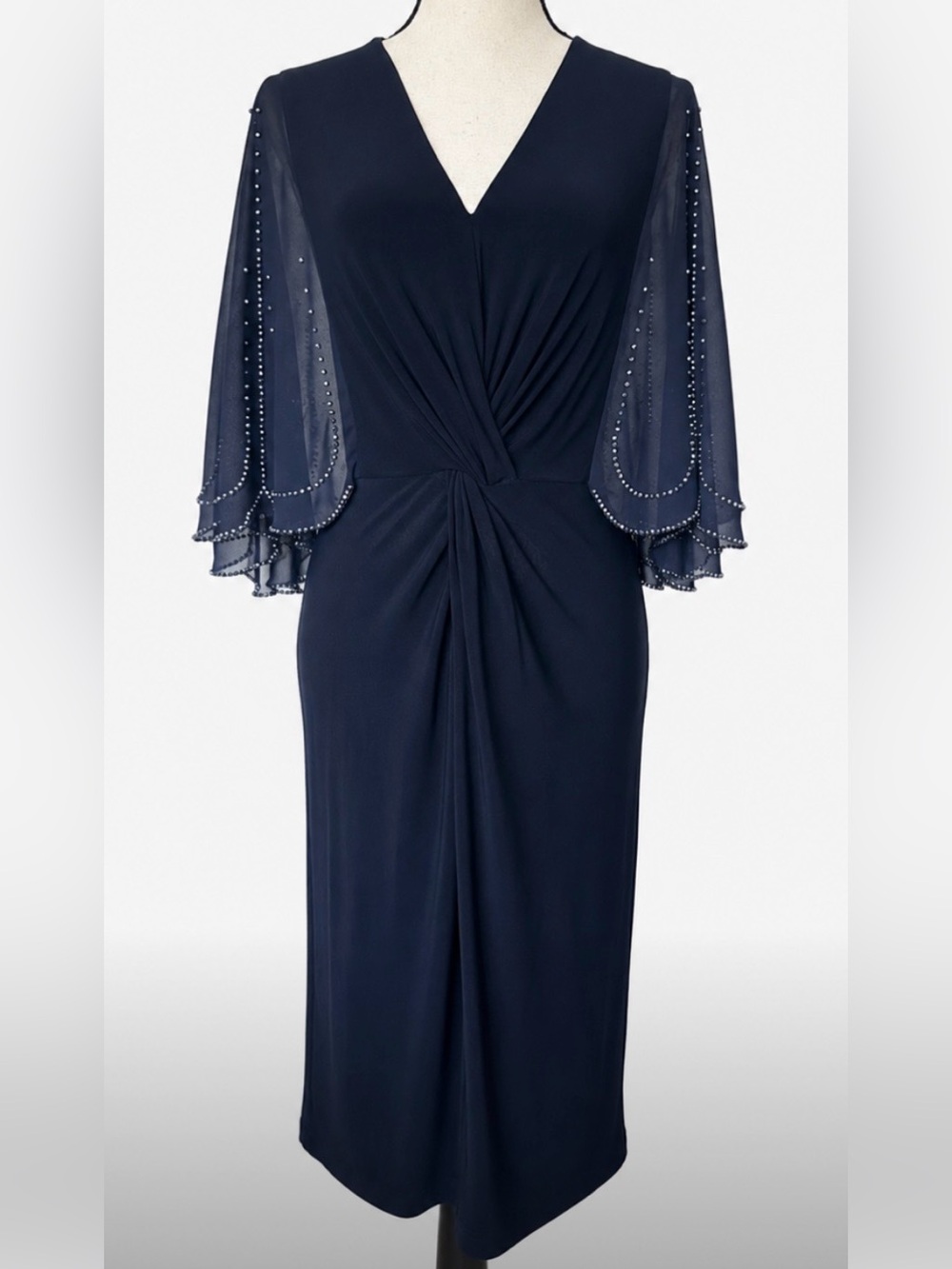 Joseph Ribkoff Dress Beaded Butterfly Shear Sleeves Navy Size 8 Elegant Chic